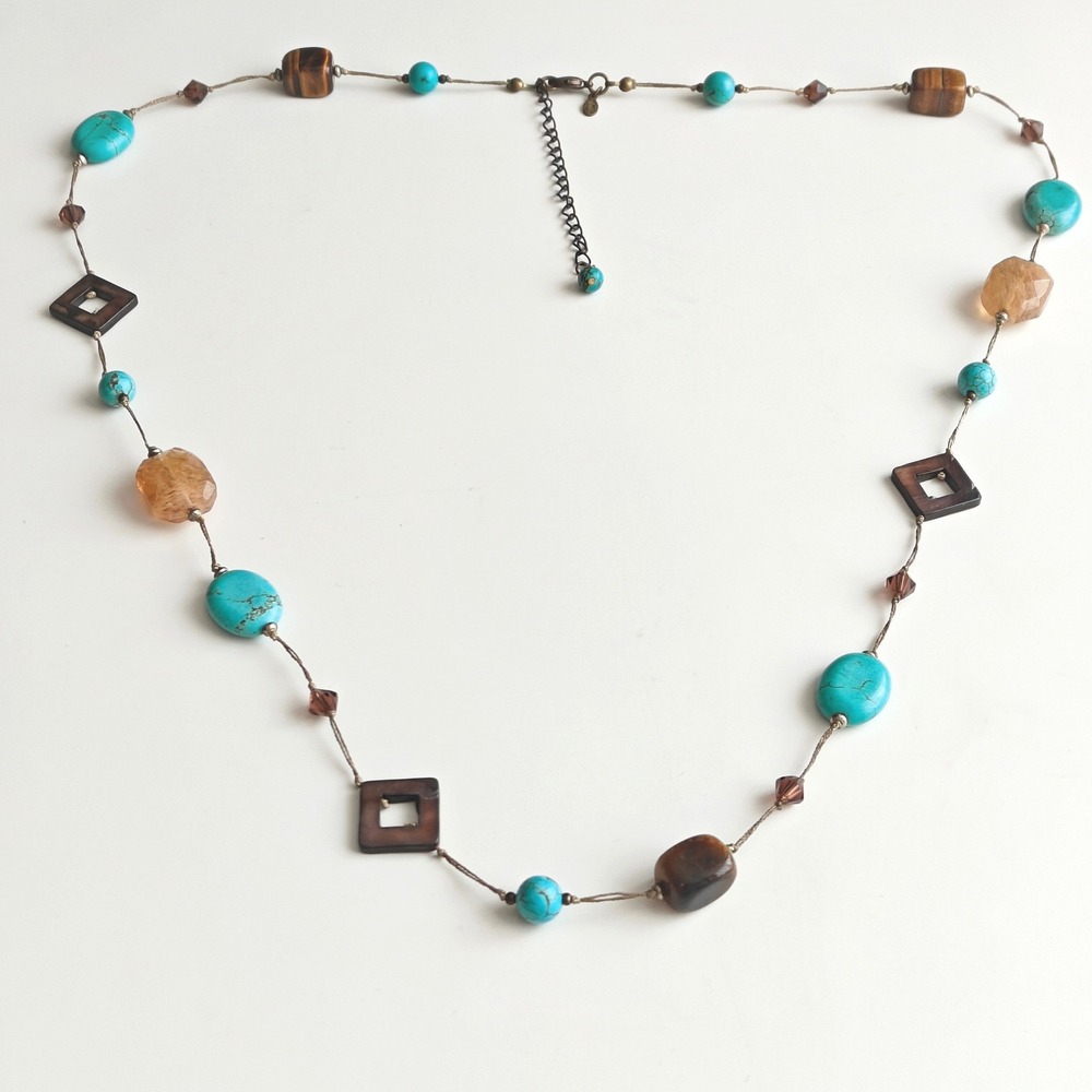 Premier Designs Turquoise Tigers Eye Station Necklace Long Strand Blue Brown